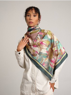 AYSHARA Kökbahar Çiçek Desenli Tek Taraflı Şal - Yağ Yeşil