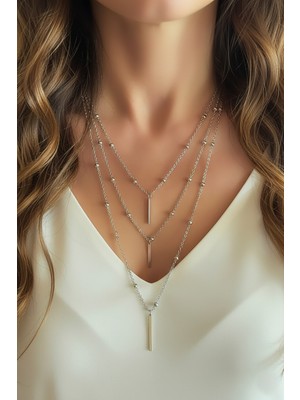 Gistoria Gümüş Renk Top Zincirli Çubuk Katlı Kolye