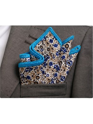 Exve Exclusive Lacivert Bej Şal Desenli Kenarı Mavi El Işi Örgülü Cep Aksesuarı Yaka Mendili