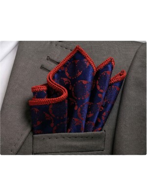 Exve Exclusive Lacivert Üzeri Kırmızı Şal Desenli Jakar El Işi Örgülü Cep Aksesuarı Yaka Mendili