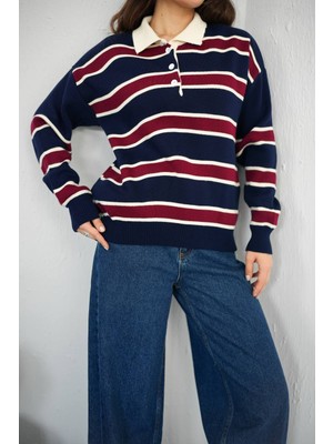 Konus Femme Polo Yaka Çizgili Triko Kazak – Rahat Kesim, Zamansız Stil-Mavi