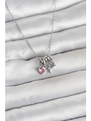 Clariss 316L Çelik Gümüş Pembe Zirkon Taşlı Charmlı Kadın Kolye