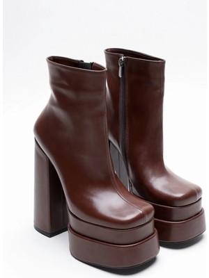 Ayakkabı Ateşi Kahve Cilt Çift Platform Özel Tasarım Kadın Ayakkabı Vega