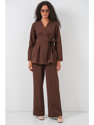 Bigdart Kadın Kimono Pantolon Kumaş Takım 30054 - Kahverengi