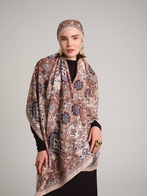 AYSHARA Kırkpare Etnik Desenli Tek Taraflı Şal - Kahverengi