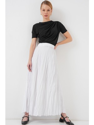 Bigdart Kadın Uzun Kırışık Etek 8042 - Beyaz