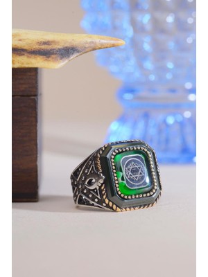 INNUENDO JEWELRY 925 Ayar Gümüş Yeşil Taşlı Hz. Süleyman Mührü Kare Kasa Erkek Yüzük