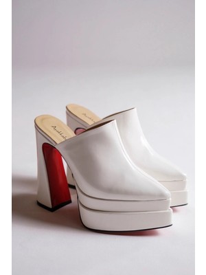 Ayakkabı Ateşi Beyaz Rugan Çift Platform Tasarım Burnu Kapalı Kadın Terlik Yüksek Topuklu Ayakkabı Sortie