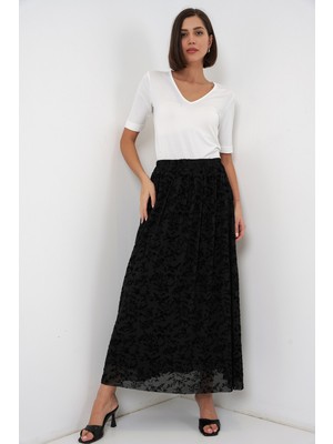 Bigdart Kadın Flok Baskılı Astarlı Etek 8069 - Siyah