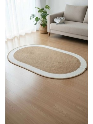 Home İnn Oval Hasır Görünümlü Halı–naturel Krem Çerçeveli |90 x 150 Cm| Modern Salon, Mutfak ve Balkon Halısı