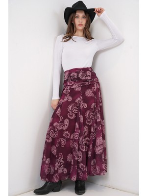 Bigdart Kadın Desenli Şifon Etek 8057 - Bordo
