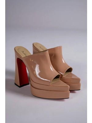 Ayakkabı Ateşi Nude Rugan Çift Platform Tasarım Burnu Açık Kadın Terlik Yüksek Topuklu Ayakkabı Farah