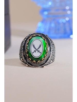 Innuendo Jewelry 925 Ayar Gümüş Yeşil Taşlı Kılıç Motifli Erkek Yüzük