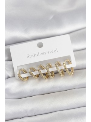 Clariss 316L Çelik Gold Renk Zirkon Taşlı Halka Model Kadın Küpe Seti