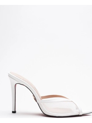 Ayakkabı Ateşi Kadın Burun Açık Fileli Topuklu Terlik Yekta Beyaz Rugan