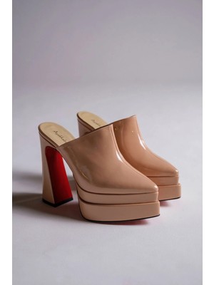 Ayakkabı Ateşi Nude Rugan Çift Platform Tasarım Burnu Kapalı Kadın Terlik Yüksek Topuklu Ayakkabı Sortie