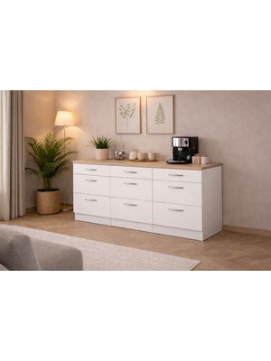 T Designo Sia 9 Çekmeceli Mutfak Alt Modül-Çok Amaçlı Dolap-Kiler Dolabı 180 cm Beyaz -Tezgah Dahil