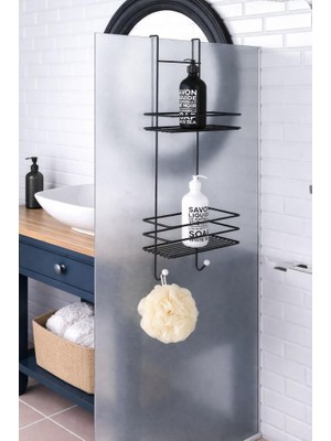 Abnturk 2 Katlı Siyah Askılı Duşakabin Rafı Silikon Kaplı Metal Paslanmaz Şampuanlık Sabunluk Havlupan Uyumlu