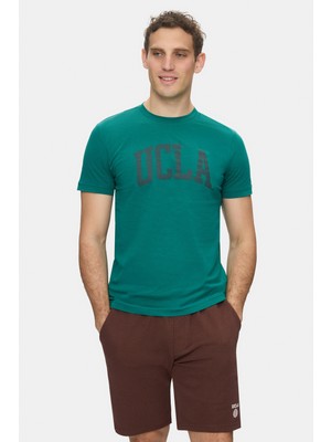 Ucla CULVER Koyu Yeşil Bisiklet Yaka Baskılı %100 Pamuk Standard Fit Erkek Tshirt