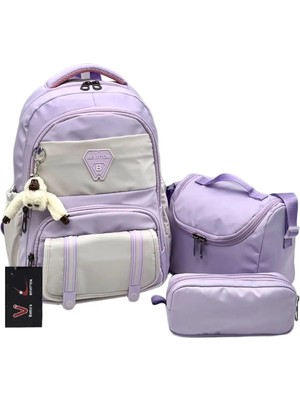 Betto's 3'lü Set Okul Sırt Çantası Suya Dayanıklı Erkek Çocuk Okul Çantası 8020 Lila-Bej