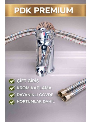 Pdk Premium Çift Giriş Lavabo Bataryası | Krom Kaplama | Çift Hortum Dahil | Dayanıklı Metal Gövde | Sıcak-Soğuk Karışım Musluk
