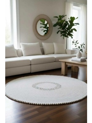 Home İnn Minimal Yuvarlak Hasır Stil Halı – Bohem Dekoratif Salon Halısı Püskül Kenarlı