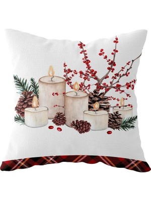 Vigordurus Pelangi Ekose Kokina Mum Kozalak Yılbaşı Çift Taraflı Gizli Fermuar Kırlent Koltuk Yastık Kılıfıı, Beyaz-Kırmızı-Yeşil 43 x 43