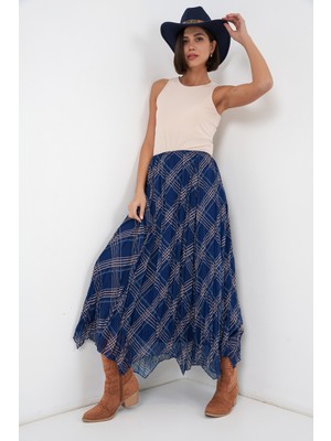 Bigdart Kadın Asimetrik Kesim Şifon Etek 8056 - Lacivert