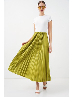 Bigdart 8009 Deri Görünümlü Piliseli Etek - Yağ Yeşil