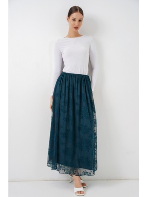 Bigdart Kadın Flok Baskılı Uzun Tül Etek 8070 - Petrol