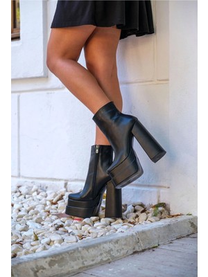 Ayakkabı Ateşi Siyah Cilt Çift Platform Özel Tasarım Kadın Ayakkabı Vega