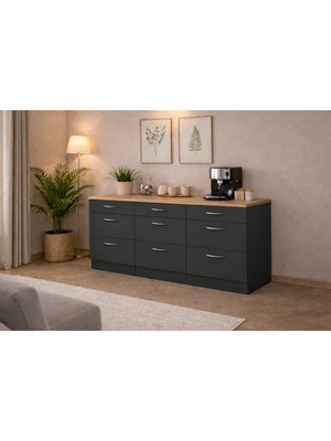 T Designo Sia 9 Çekmeceli Mutfak Alt Modül-Çok Amaçlı Dolap-Kiler Dolabı 180 cm Beyaz -Tezgah Dahil