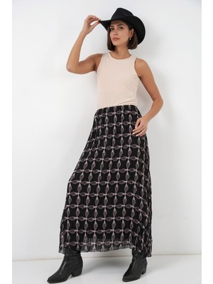 Bigdart Kadın Desenli Astarlı Şifon Etek 8058 - Siyah