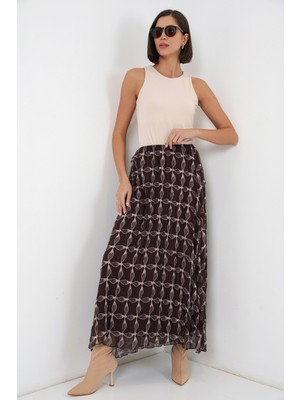 Bigdart Kadın Desenli Astarlı Şifon Etek 8058 - Kahverengi