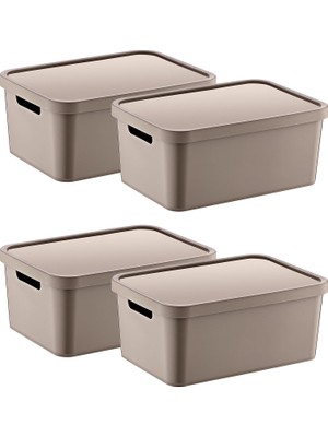 Vigordurus 4'lü Set Stafi Çok Amaçlı Kapaklı Kutu Terra 4,5 Lt - Bej, Çok Amaçlı Kapaklı Kutu, Ev-Ofis-Depo Için, Kapaklı Saklama Kutusu