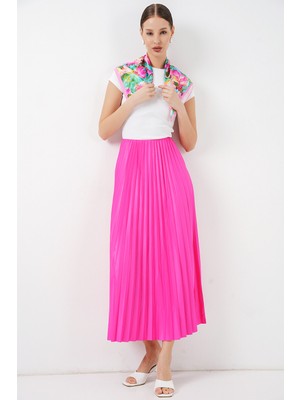Bigdart 8009 Deri Görünümlü Piliseli Etek - Fuşya