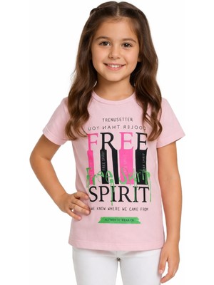 Essu Kız Çocuk Free Spirit Yazı Desenli Pudra Renk Kısa Kol Tişört