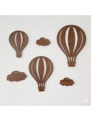 Ahşap Meşe Rengi Sıcak Hava Balonu ve Bulut Seti Duvar Dekoru