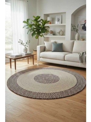 Home İnn Rustik Yuvarlak Jüt Stil Halı – Doğal Hasır Görünümlü Bohem Dekoratif Halı Bordörlü Model
