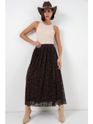 Bigdart Kadın Flok Baskılı Astarlı Etek 8069 - Kahverengi