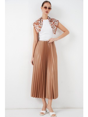 Bigdart 8009 Deri Görünümlü Piliseli Etek - Camel