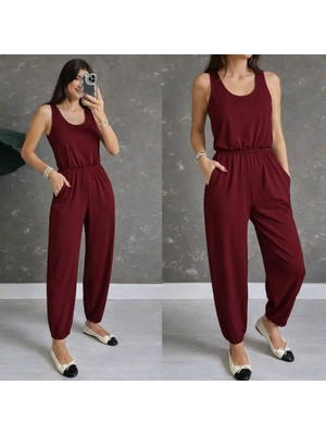 Stelol Kadın Askılı Yuvarlak Yakalı Cepli Viskon Tulum