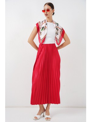 Bigdart 8009 Deri Görünümlü Piliseli Etek - Kırmızı