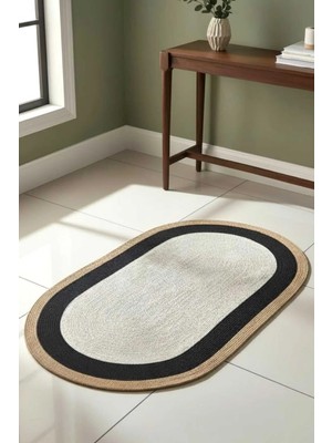 Home İnn Modern Iskandinav Oval Halı Siyah Çerçeveli Krem Dekoratif Salon Halısı 90X150 cm Minimal Halı