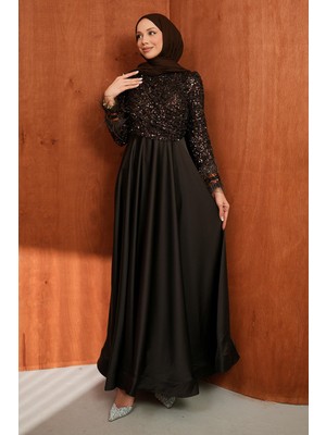 İmaj Butik Kahverengi Kolları Tüylü Üstü Payetli Saten Abiye