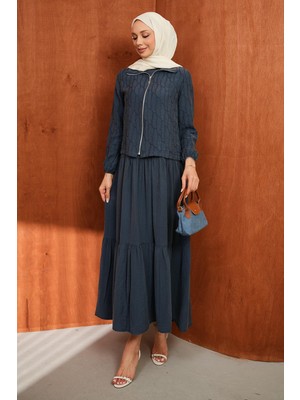 İmaj Butik Lacivert Fermuarlı Ceket Eteği Katlı Jile Takım