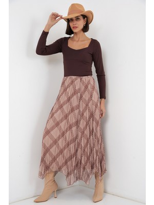 Bigdart Kadın Asimetrik Kesim Şifon Etek 8056 - Vizon