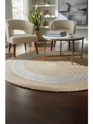 Home İnn Doğal Görünümlü Yuvarlak Bohem Halı – Hasır Dokulu Modern Dekoratif Salon ve Antre Halısı