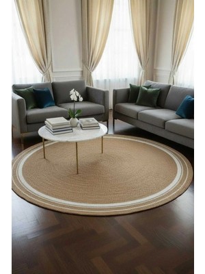 Home İnn Yuvarlak Hasır Görünümlü Dekoratif Halı – Modern Bohem Stil Salon Halısı, Minimal Tarz Halı