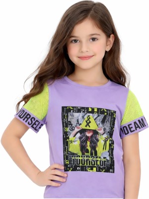 Pançiko Kız Çocuk Önü Desenli Kolu File Beli Lastikli Lila Renk Tişört